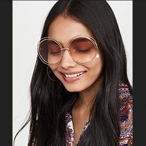 NEW w/Box CHLOÉ Carlina Pearl Round-frame Sunglasses In Gold Gradient Pe…